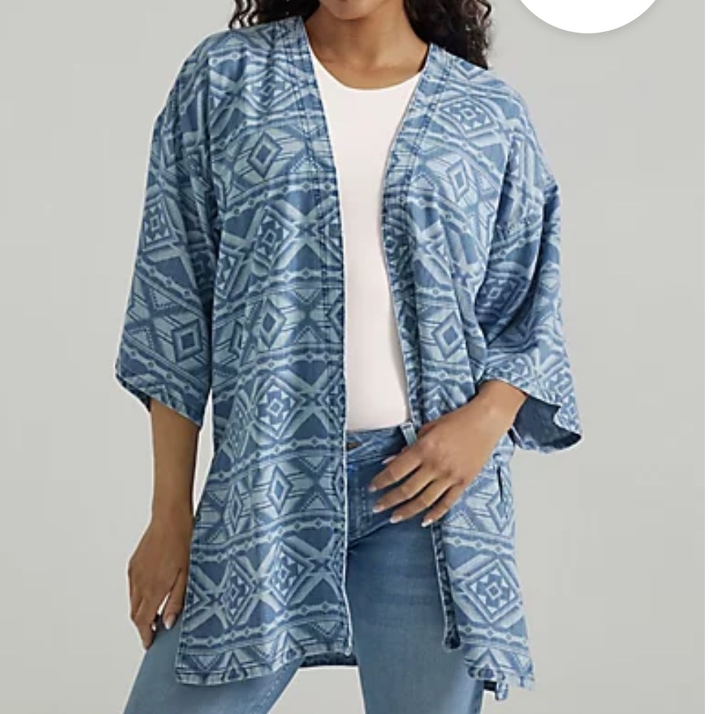 WOMEN'S WRANGLER GEOMETRIC DENIM KIMONO IN DENIM BLUE